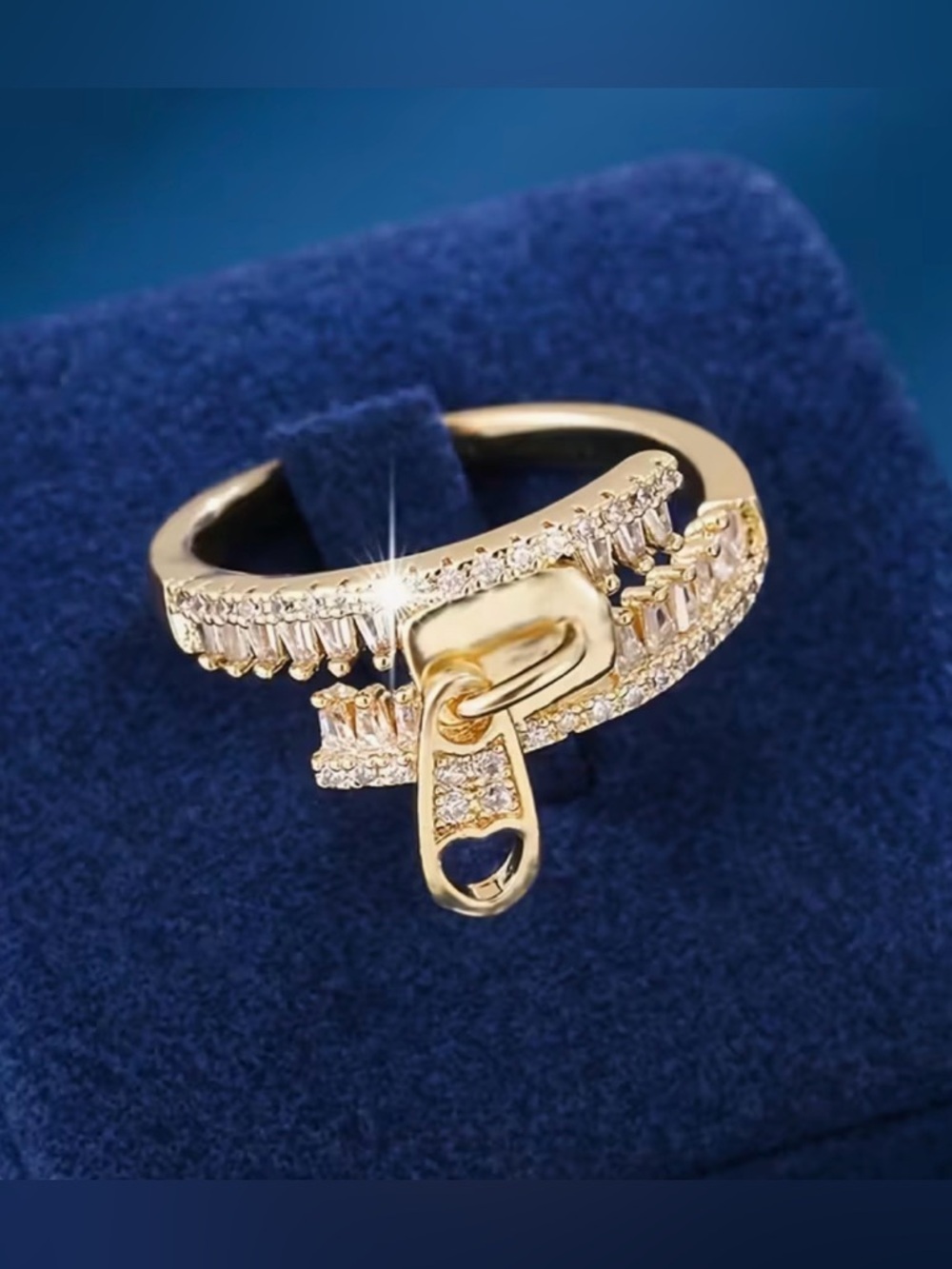 Gold Zircon Pave Zipper-Style Women’s Ring sz 6